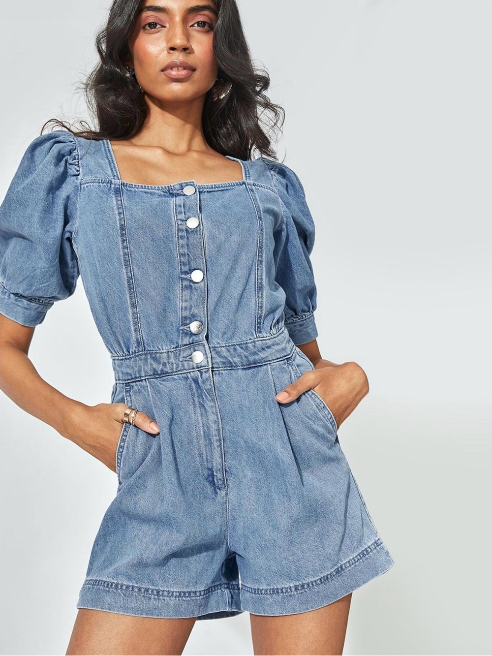 🌼 H&M - Denim Short Romper with Puff Sleeves